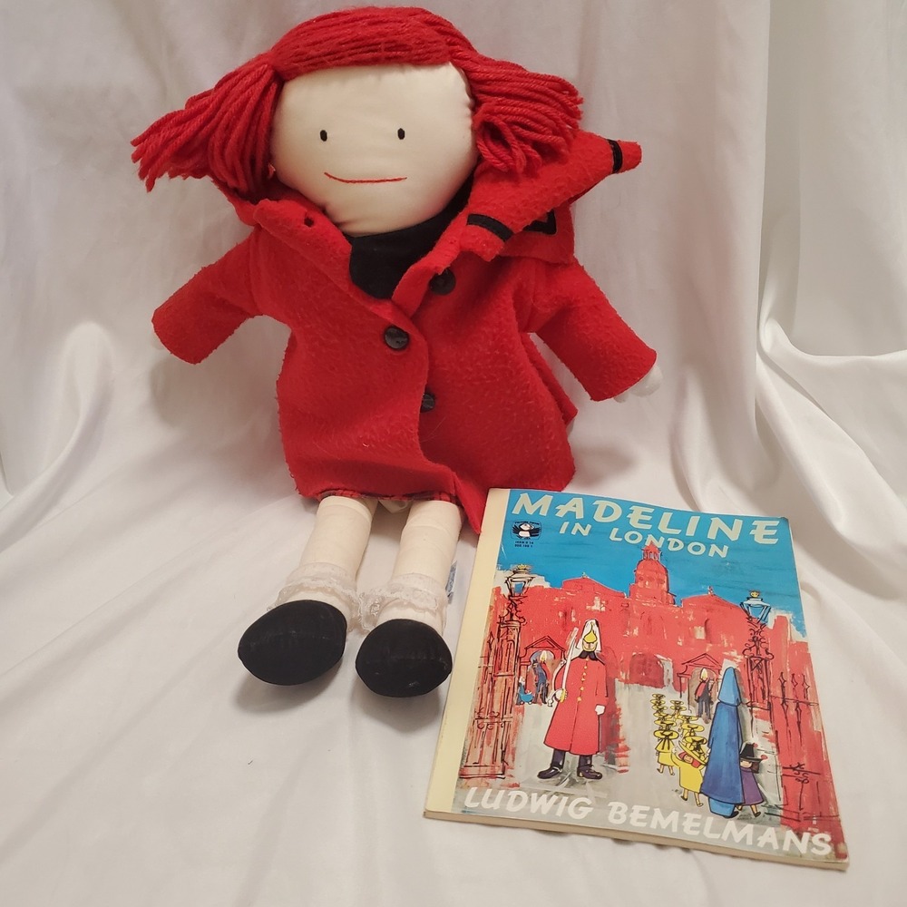 Vintage Eden 1990 Madeline Doll in Christmas Red Coat Plaid dress 18" with Book